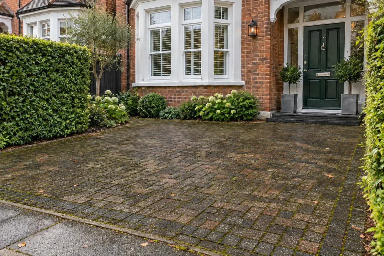 Illustrative weathered block-paved driveway with darkened blocks and biological growth in the joints