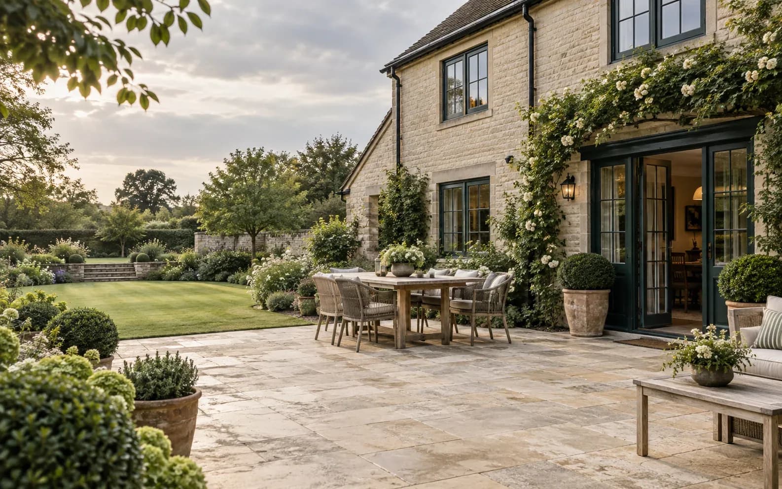 The same illustrative aged stone terrace visibly cleaner while retaining natural surface variation