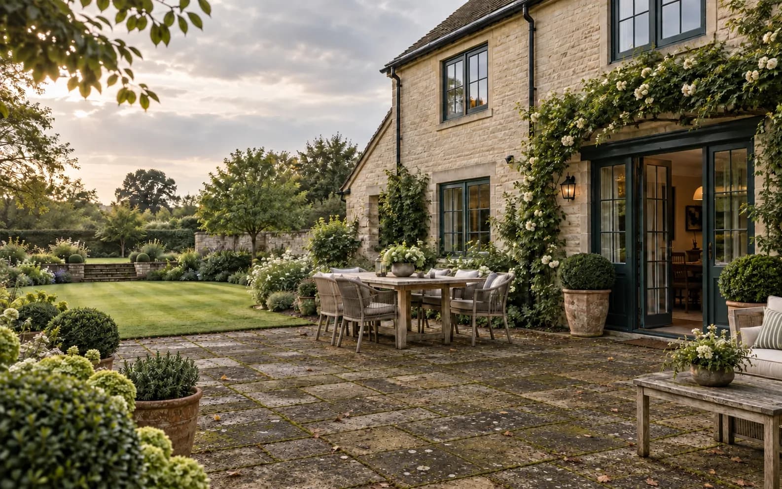 Illustrative winter-worn stone terrace with patchy algae, weathering and dirty joints