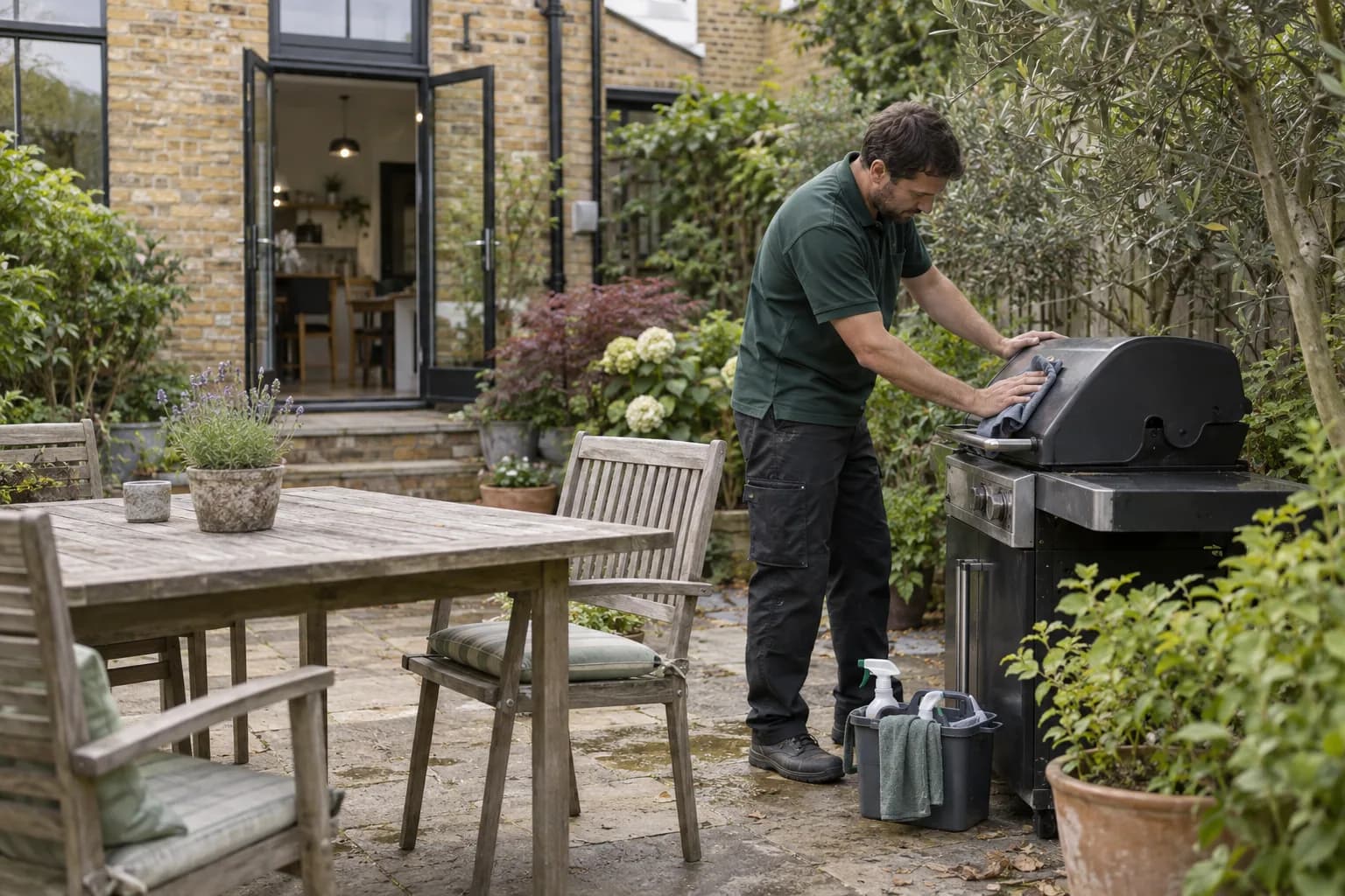 Exterior-care technician giving a BBQ a light seasonal refresh in a maintained garden