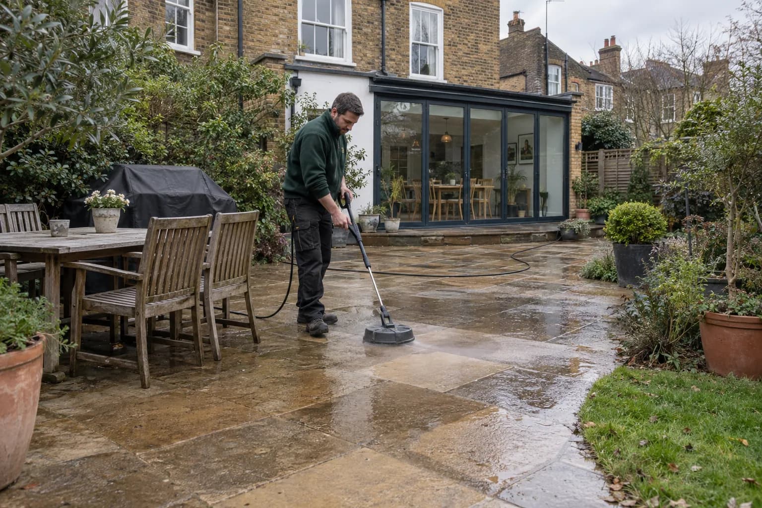Exterior-care technician cleaning a partly wet patio while furniture and a BBQ sit nearby