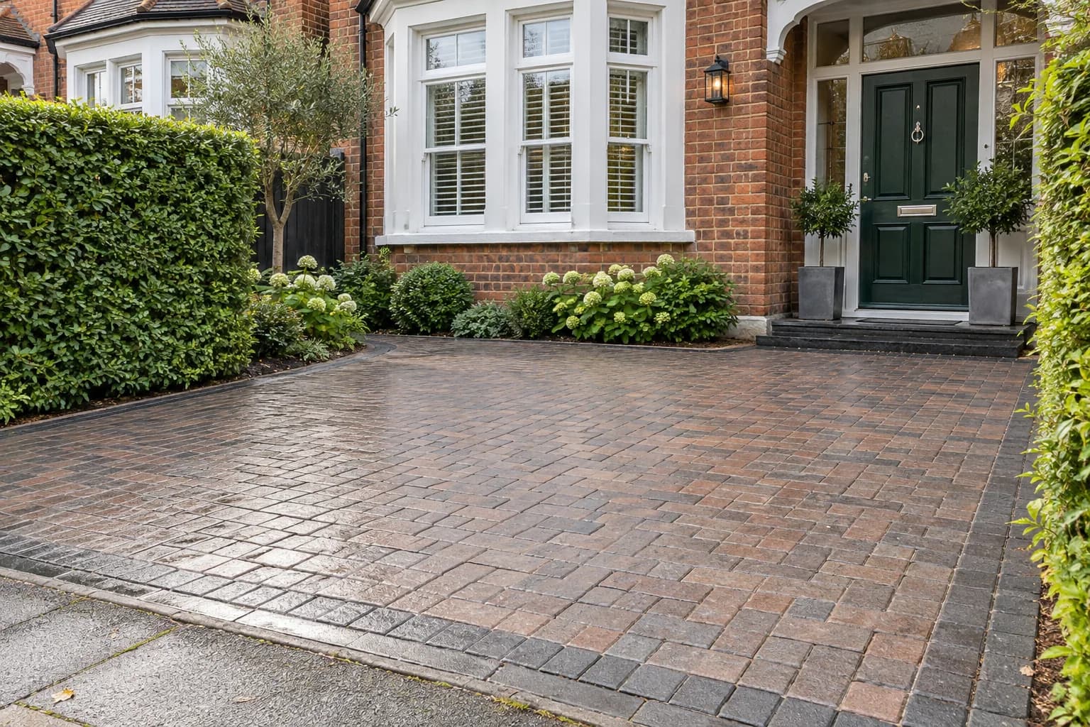 Clean block-paved driveway outside a British brick home