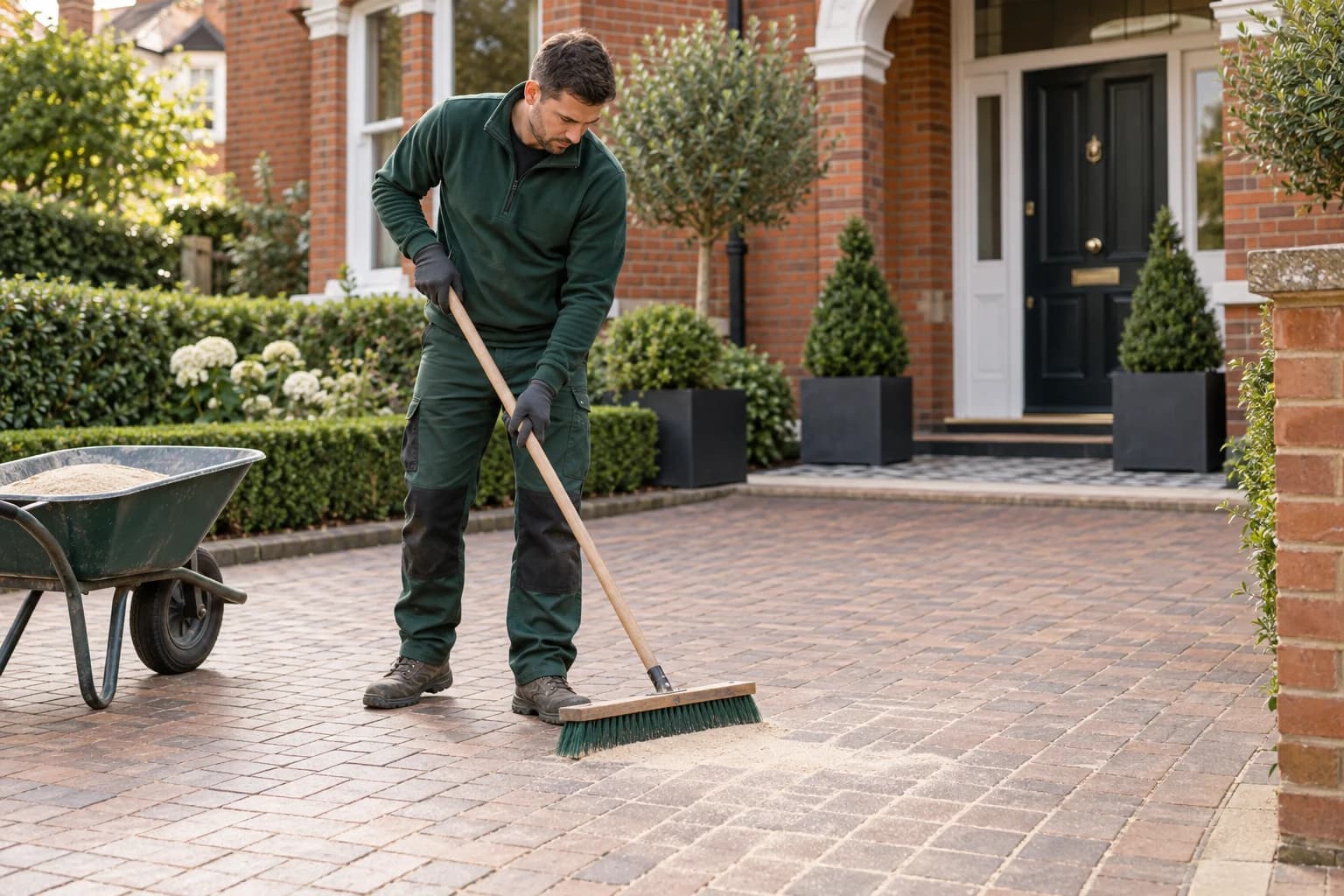 Exterior-care technician carefully re-sanding clean block paving
