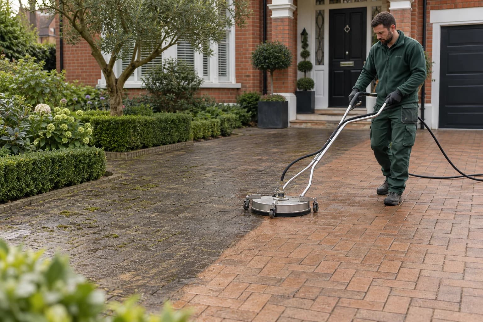 Exterior-care technician using a surface cleaner to reveal restored block paving